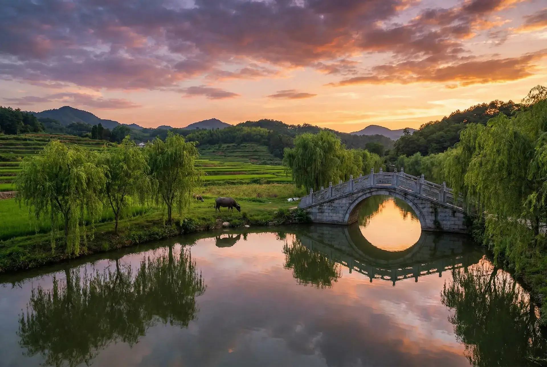 夕阳下的石拱桥与垂柳，水牛在河边吃草 - OVERLORD第四季 乡村美景